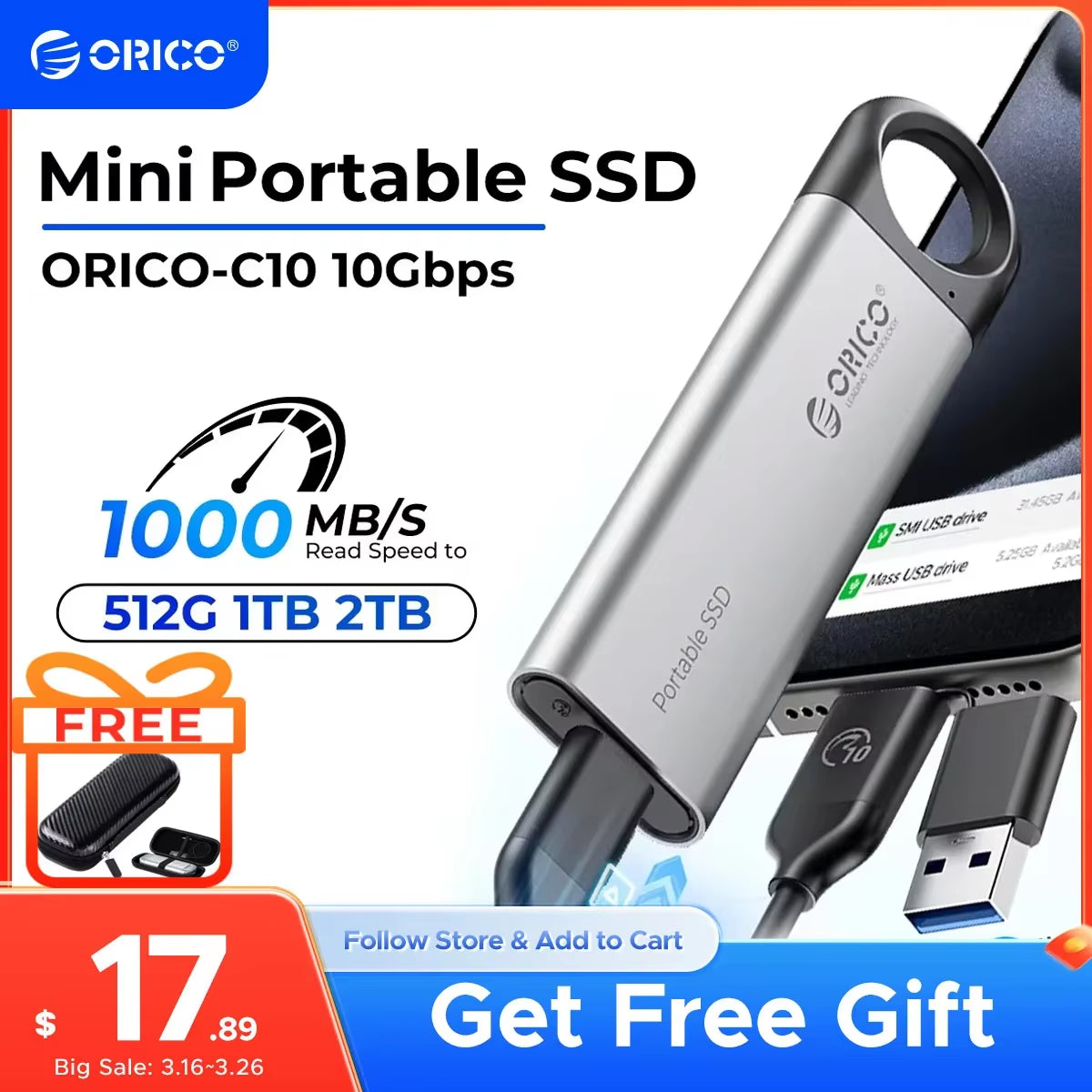 1TB External SSD up to 1050MB/S Hanging Hole Design Portable Solid State Drive Storage PSSD for Tablets Laptops C10