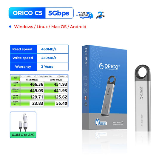 1TB External SSD up to 1050MB/S Hanging Hole Design Portable Solid State Drive Storage PSSD for Tablets Laptops C10