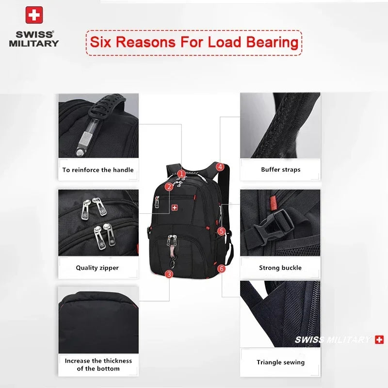 SWISS 17" Laptop Backpack Waterproof USB Charge Port Swiss-Style Multifunctional Rucksack Schoolbag Mochila Hiking Travel Bag