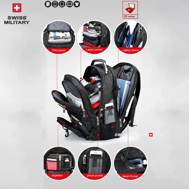 SWISS 17" Laptop Backpack Waterproof USB Charge Port Swiss-Style Multifunctional Rucksack Schoolbag Mochila Hiking Travel Bag