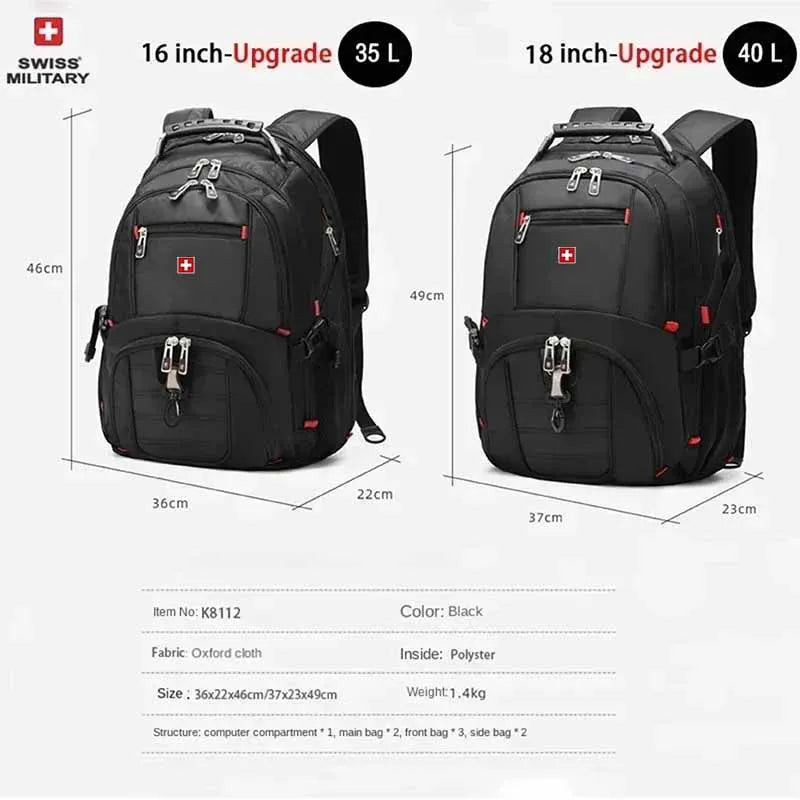 SWISS 17" Laptop Backpack Waterproof USB Charge Port Swiss-Style Multifunctional Rucksack Schoolbag Mochila Hiking Travel Bag