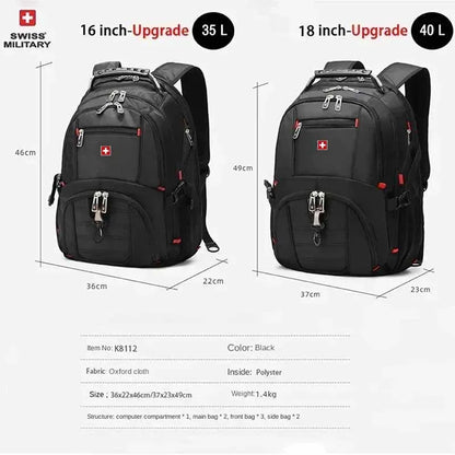 SWISS 17" Laptop Backpack Waterproof USB Charge Port Swiss-Style Multifunctional Rucksack Schoolbag Mochila Hiking Travel Bag
