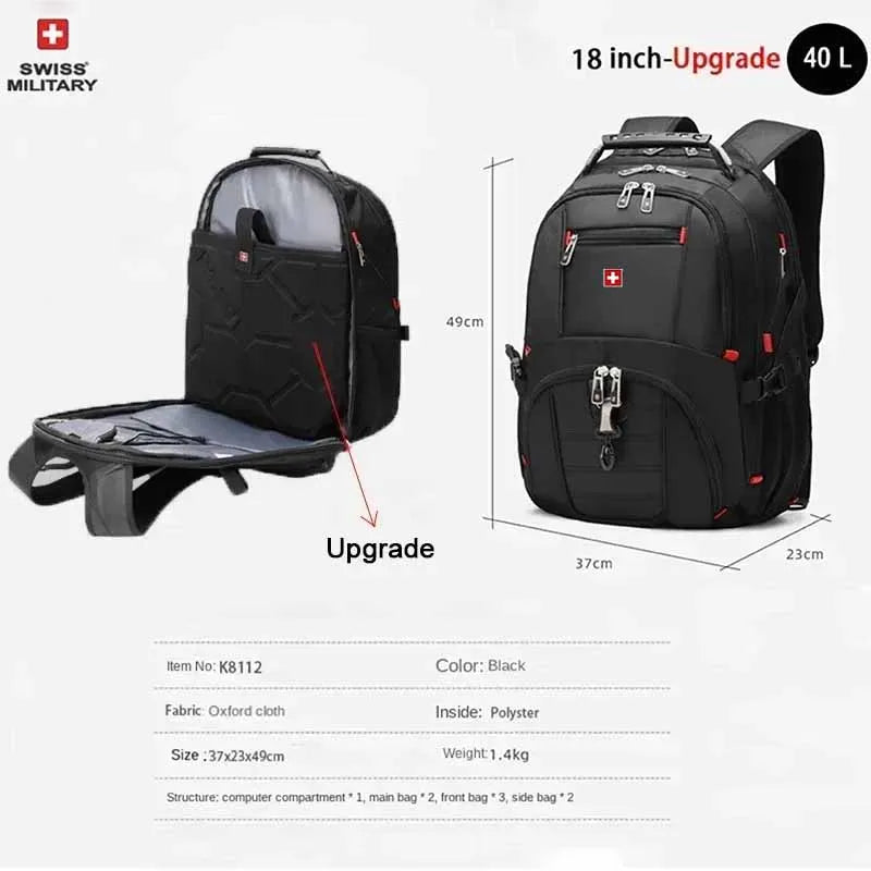 SWISS 17" Laptop Backpack Waterproof USB Charge Port Swiss-Style Multifunctional Rucksack Schoolbag Mochila Hiking Travel Bag