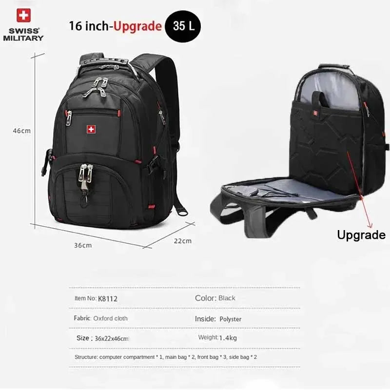 SWISS 17" Laptop Backpack Waterproof USB Charge Port Swiss-Style Multifunctional Rucksack Schoolbag Mochila Hiking Travel Bag